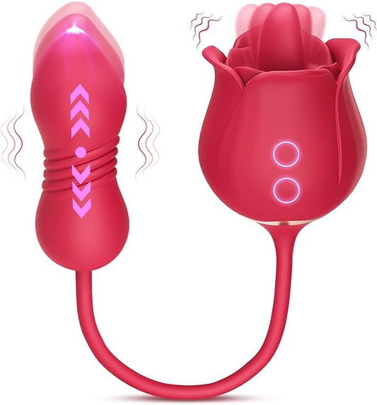 Rose Sex Toy Dildo Vibrator - 3in1 Rose Sex Stimulator for Women with 9 Tongue Licking & Thrusting Dildo