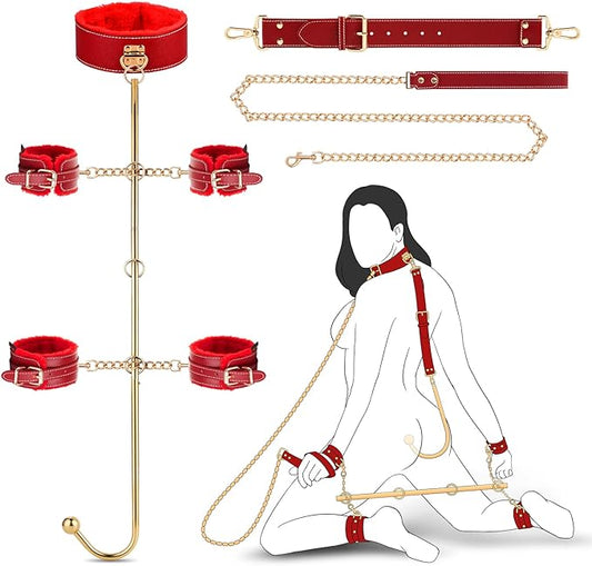 Anal Hook BDSM Sex Bondage - Bed Restraint Kit with Adjustable Handcuffs Collar Ankle Cuffs Leather Furniture Restraint Set with Anal Ball | Adult Sex Toys for Couple Foreplay