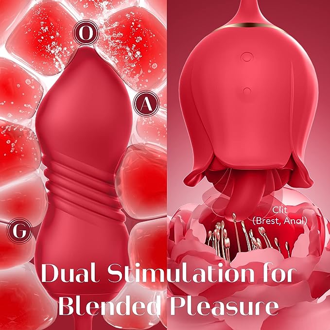 Rose Sex Toy Dildo Vibrator - 3in1 Rose Sex Stimulator for Women with 9 Tongue Licking & Thrusting Dildo