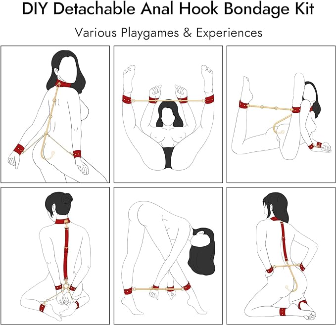 Anal Hook BDSM Sex Bondage - Bed Restraint Kit with Adjustable Handcuffs Collar Ankle Cuffs Leather Furniture Restraint Set with Anal Ball | Adult Sex Toys for Couple Foreplay