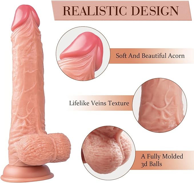 9 Inch Realistic Dildo, Body-Safe Material Lifelike Huge Penis with Strong Suction Cup for Hands-free Play, Flexible Cock with Curved Shaft and Balls for Vaginal G-spot and Anal Play