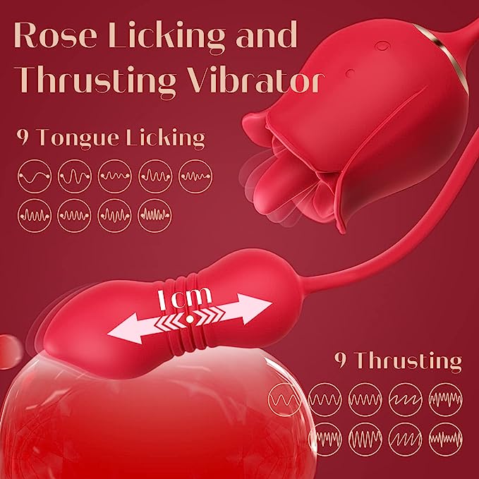 Rose Sex Toy Dildo Vibrator - 3in1 Rose Sex Stimulator for Women with 9 Tongue Licking & Thrusting Dildo