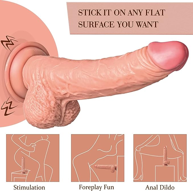 9 Inch Realistic Dildo, Body-Safe Material Lifelike Huge Penis with Strong Suction Cup for Hands-free Play, Flexible Cock with Curved Shaft and Balls for Vaginal G-spot and Anal Play