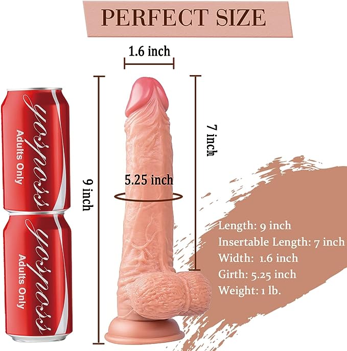 9 Inch Realistic Dildo, Body-Safe Material Lifelike Huge Penis with Strong Suction Cup for Hands-free Play, Flexible Cock with Curved Shaft and Balls for Vaginal G-spot and Anal Play