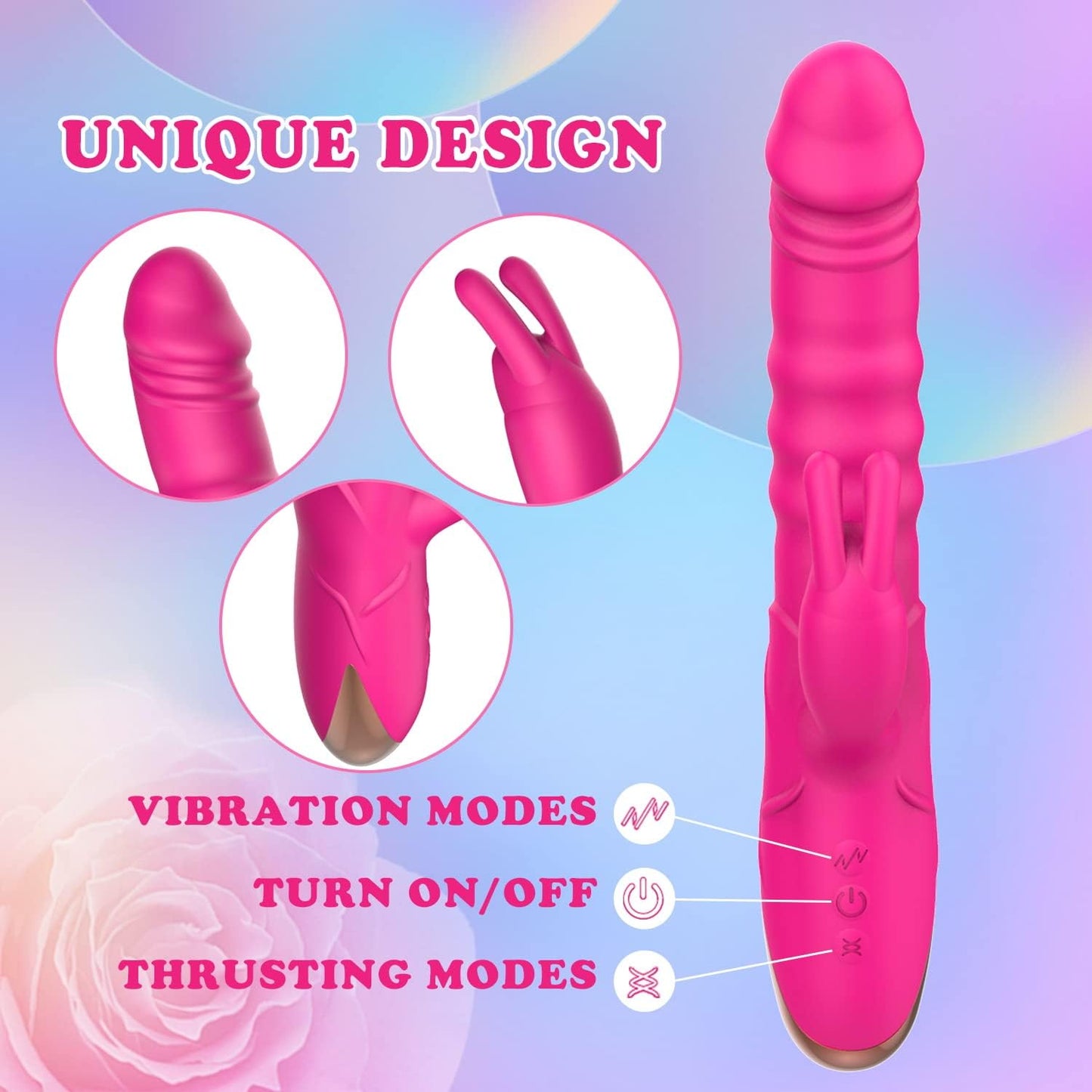 Thrusting Rabbit Vibrator, G Spot Clitoral Vibrator Waterproof & Rechargeable Realistic Silicone Dildo Vibrator with 3 Thrusting & 10 Vibrating Modes, Rose Sex Toys for Women