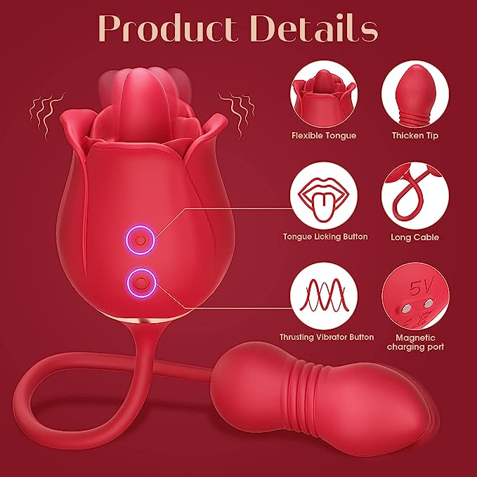 Rose Sex Toy Dildo Vibrator - 3in1 Rose Sex Stimulator for Women with 9 Tongue Licking & Thrusting Dildo