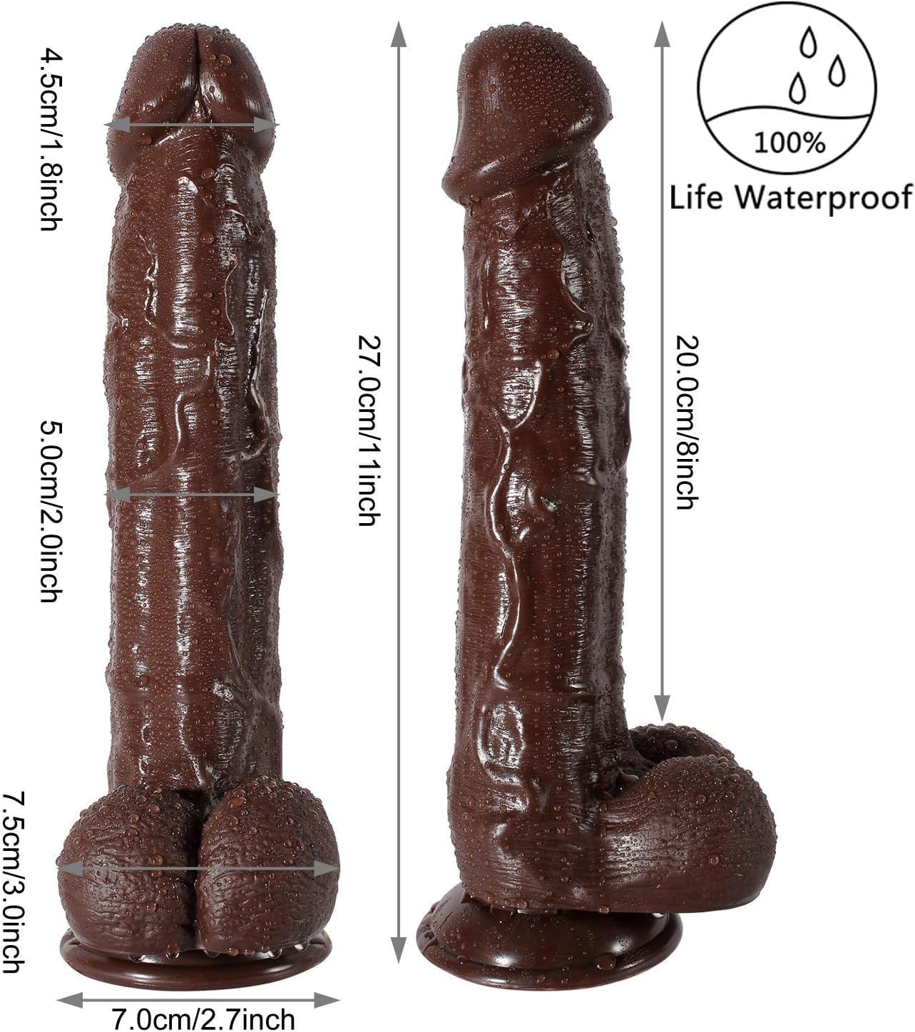 10.8 inch Black Brown Realistic Dildo,2'' Diameter Thick Lifelike Huge Penis with Powerful Suction Cups Hands-Free Play G-spot Anal Simulate, Silicone Cock Vagina Anal Sex Toys for Women and Men