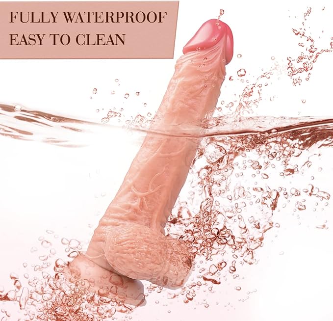 9 Inch Realistic Dildo, Body-Safe Material Lifelike Huge Penis with Strong Suction Cup for Hands-free Play, Flexible Cock with Curved Shaft and Balls for Vaginal G-spot and Anal Play