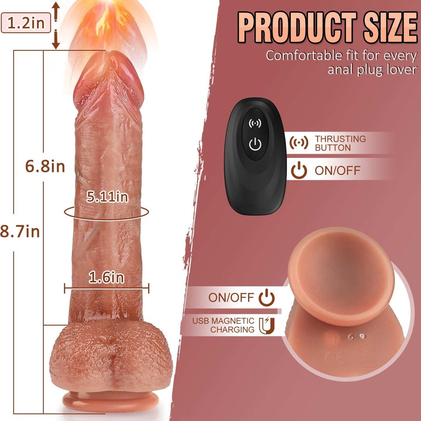 Thrusting Dildo Vibrator Sex Toys for Women, 4 in 1 Heated Realistic Dildos with 360° Rotation for Clit G-spot Anal Stimulation, 8.7" Thick Silicone Telescopic Dildos Adult Toys for Couple Lesbian