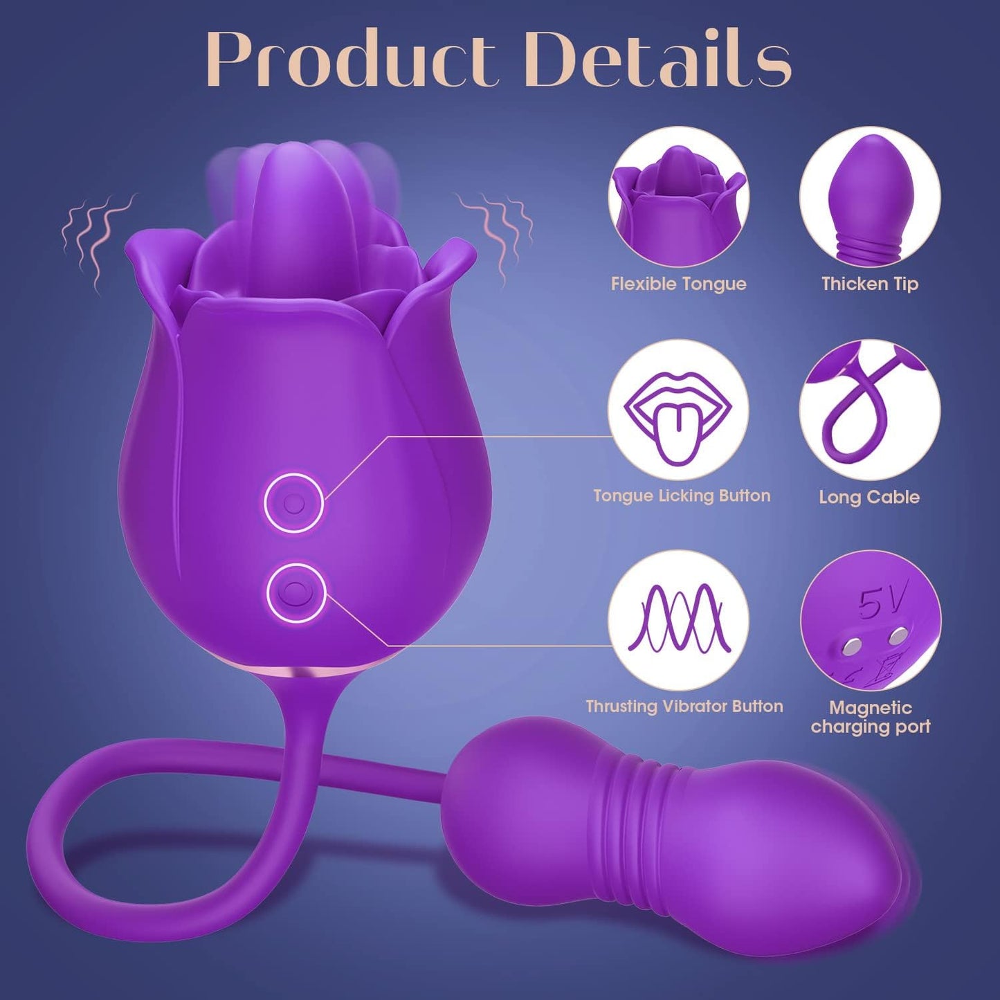 Rose Sex Toy Dildo Vibrator - 3in1 Rose Sex Stimulator for Women with 9 Tongue Licking & Thrusting Dildo